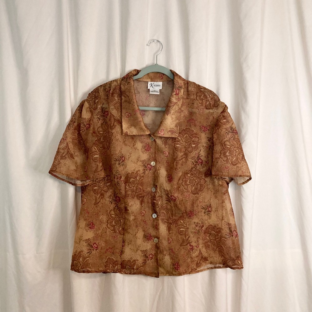 Vintage 90s K Woman Sheer Floral Button Down Crinkle Blouse Earthy Grunge 16W